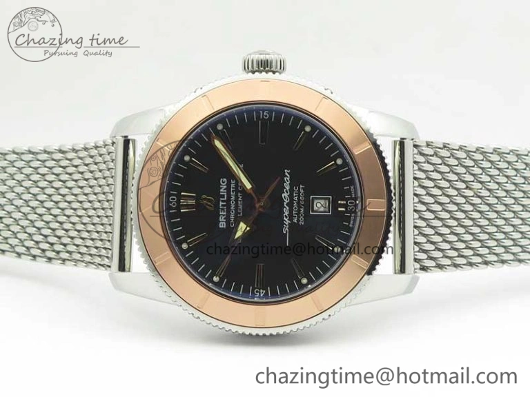 Super Ocean Heritage 46mm SS RG Bezel Black Dial on SS Mesh Bracelet A2824