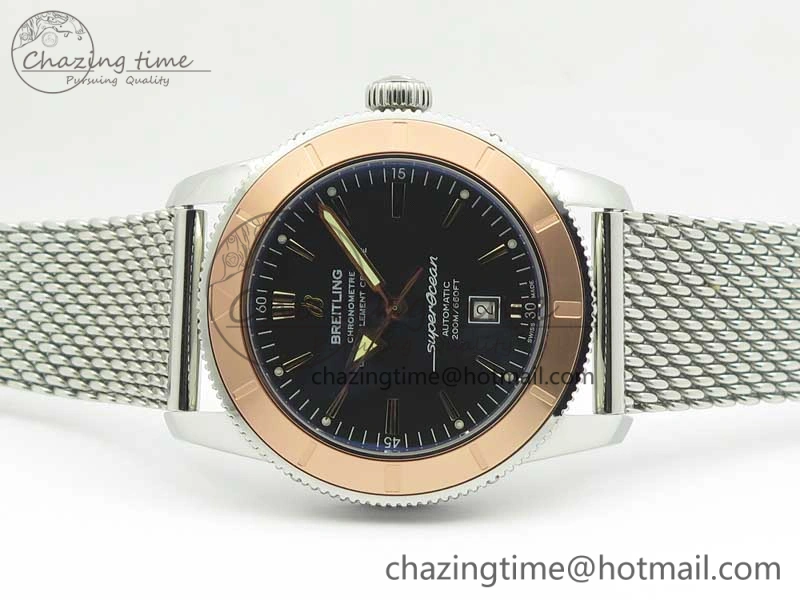 Super Ocean Heritage 46mm SS RG Bezel Black Dial on SS Mesh Bracelet A2824