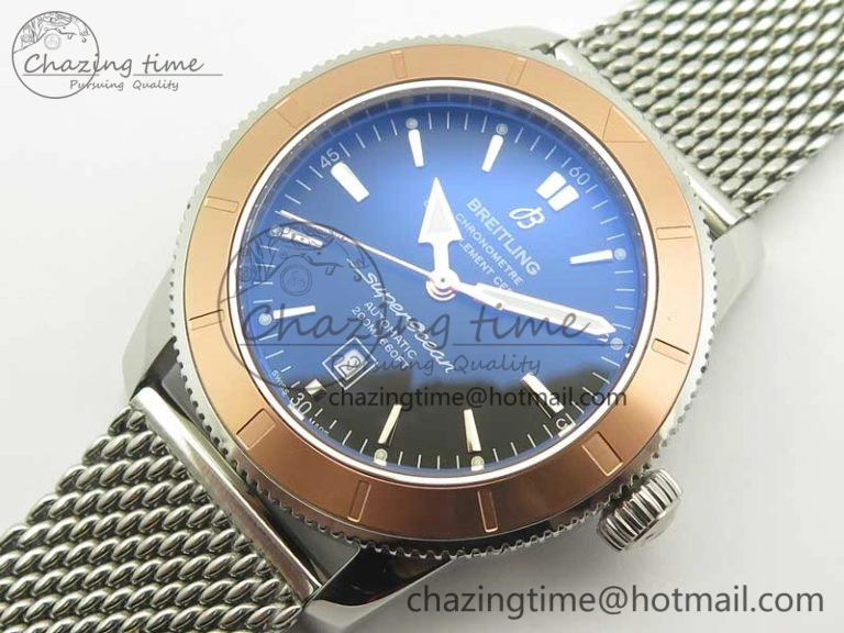 Super Ocean Heritage 46mm SS RG Bezel Black Dial on SS Mesh Bracelet A2824