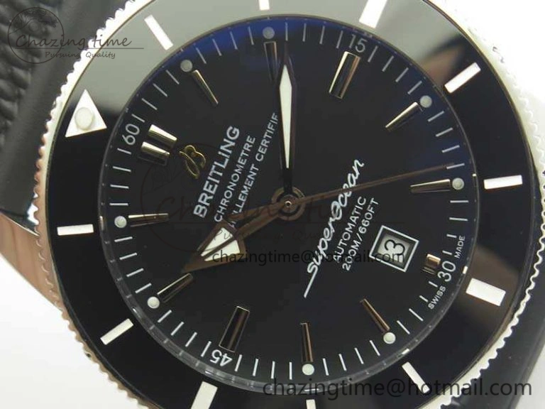 Super Ocean Heritage Black Ceramic Bezel SS Black Dial On Rubber Strap A2824