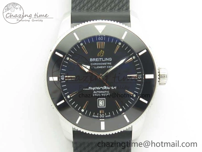 Super Ocean Heritage Black Ceramic Bezel SS Black Dial On Rubber Strap A2824