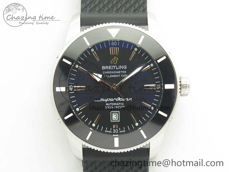 Super Ocean Heritage Black Ceramic Bezel SS Black Dial On Rubber Strap A2824