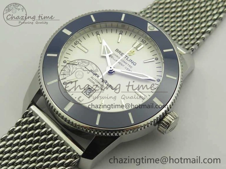 Super Ocean Heritage Blue Ceramic Bezel SS White Dial On SS Bracelet A2824