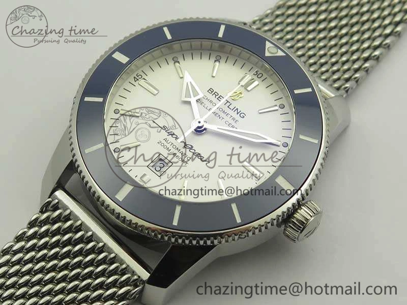 Super Ocean Heritage Blue Ceramic Bezel SS White Dial On SS Bracelet A2824