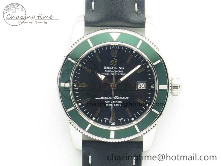 SuperOcean 42mm A17321 SS 1:1 Best Edition Black Dial Green Bezel On Leather Strap ETA2824