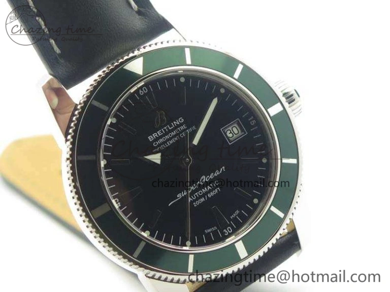SuperOcean 42mm A17321 SS 1:1 Best Edition Black Dial Green Bezel On Leather Strap ETA2824
