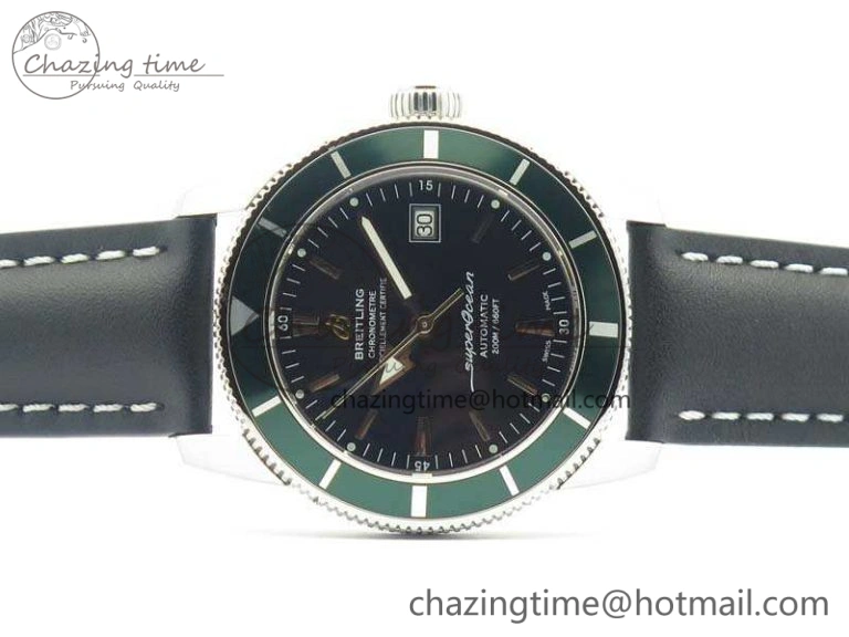 SuperOcean 42mm A17321 SS 1:1 Best Edition Black Dial Green Bezel On Leather Strap ETA2824
