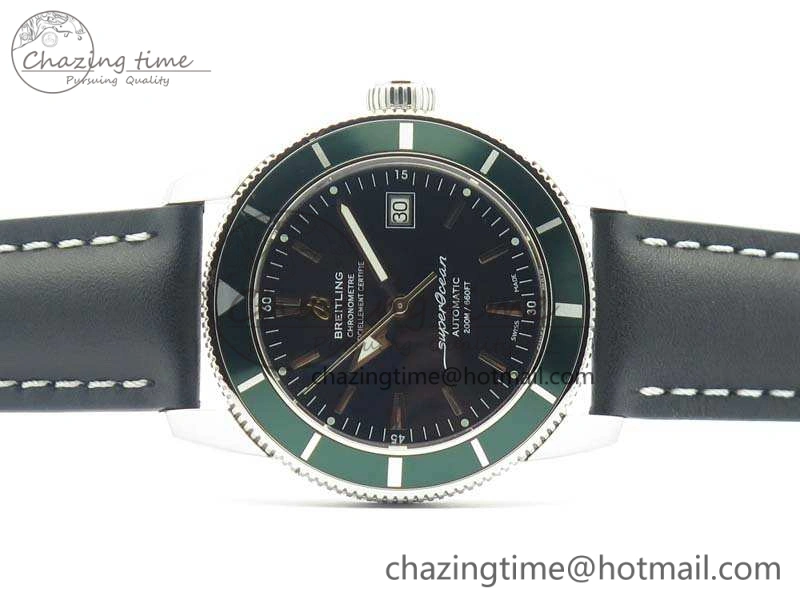 SuperOcean 42mm A17321 SS 1:1 Best Edition Black Dial Green Bezel On Leather Strap ETA2824