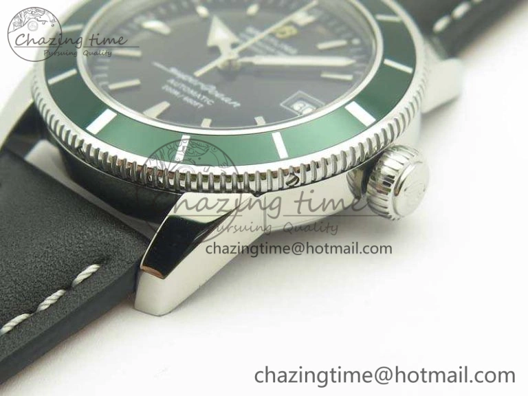 SuperOcean 42mm A17321 SS 1:1 Best Edition Black Dial Green Bezel On Leather Strap ETA2824