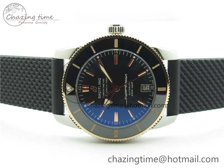 SuperOcean 42mm AB2010 SS RG B50 1:1 Best Edition Black Dial Black Ceramic Bezel on Black Rubber strap A2824
