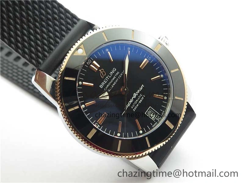 SuperOcean 42mm AB2010 SS RG B50 1:1 Best Edition Black Dial Black Ceramic Bezel on Black Rubber strap A2824