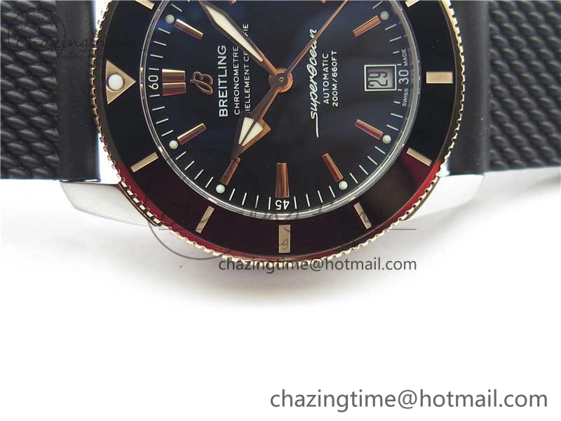 SuperOcean 42mm AB2010 SS RG B50 1:1 Best Edition Black Dial Black Ceramic Bezel on Black Rubber strap A2824
