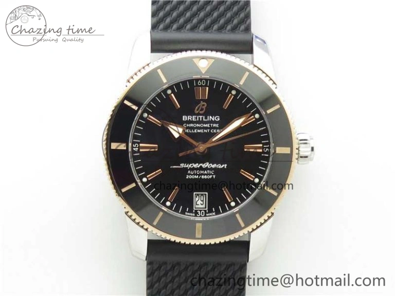 SuperOcean 42mm AB2010 SS RG B50 1:1 Best Edition Black Dial Black Ceramic Bezel on Black Rubber strap A2824