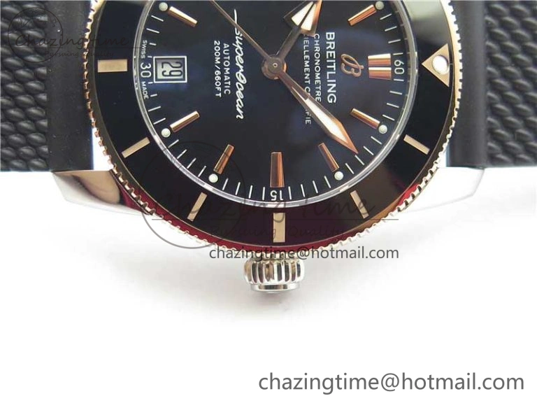 SuperOcean 42mm AB2010 SS RG B50 1:1 Best Edition Black Dial Black Ceramic Bezel on Black Rubber strap A2824