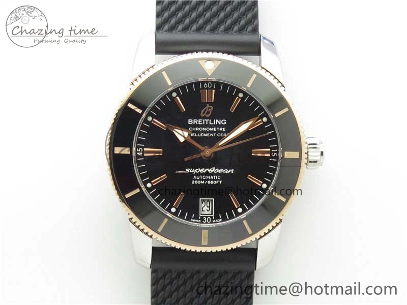 SuperOcean 42mm AB2010 SS RG B50 1:1 Best Edition Black Dial Black Ceramic Bezel on Black Rubber strap A2824