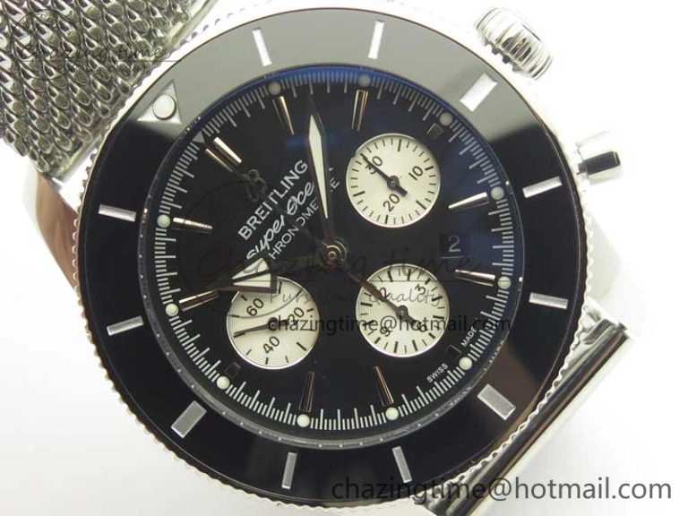 SuperOcean 44mm Black Ceramic Bezel Black Dial on SS Mesh Bracelet A7750