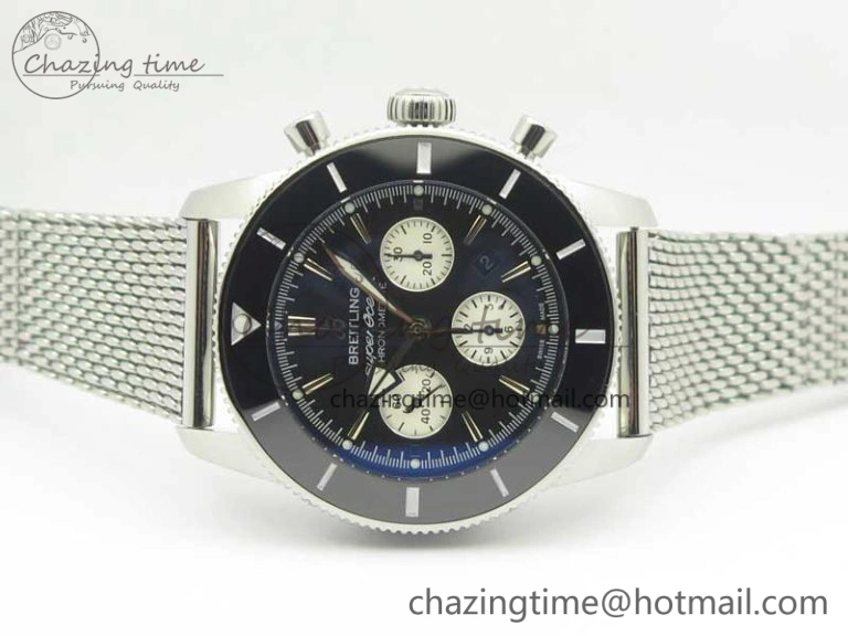 SuperOcean 44mm Black Ceramic Bezel Black Dial on SS Mesh Bracelet A7750