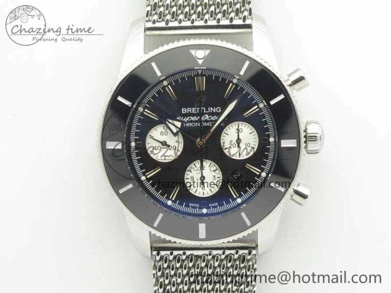 SuperOcean 44mm Black Ceramic Bezel Black Dial on SS Mesh Bracelet A7750