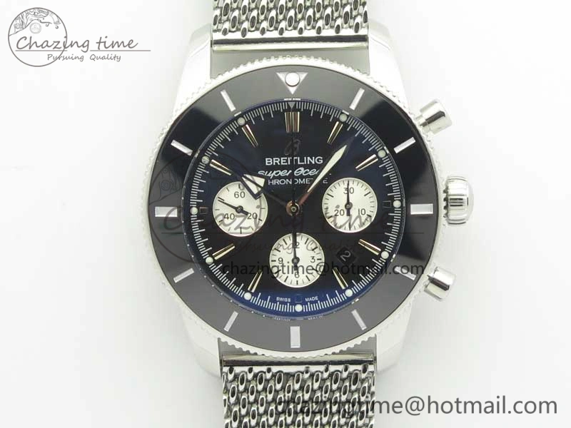 SuperOcean 44mm Black Ceramic Bezel Black Dial on SS Mesh Bracelet A7750