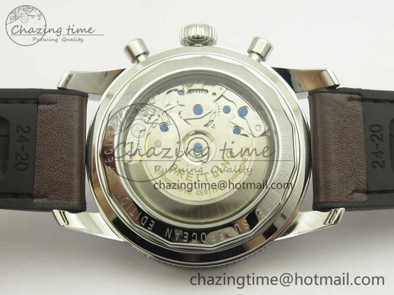SuperOcean 44mm Black Ceramic Bezel Silver Dial on Brown Gummy Strap A7750