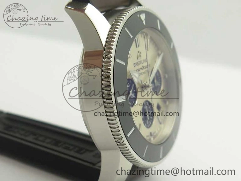 SuperOcean 44mm Black Ceramic Bezel Silver Dial on Brown Gummy Strap A7750