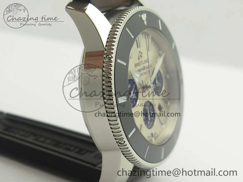 SuperOcean 44mm Black Ceramic Bezel Silver Dial on Brown Gummy Strap A7750