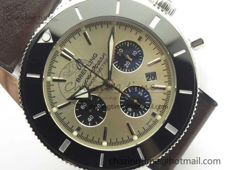 SuperOcean 44mm Black Ceramic Bezel Silver Dial on Brown Gummy Strap A7750