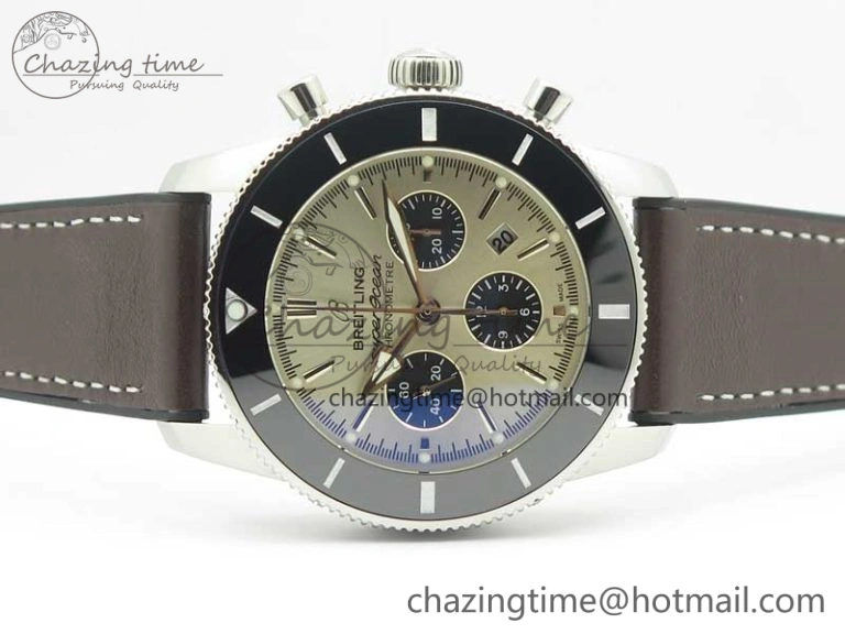 SuperOcean 44mm Black Ceramic Bezel Silver Dial on Brown Gummy Strap A7750