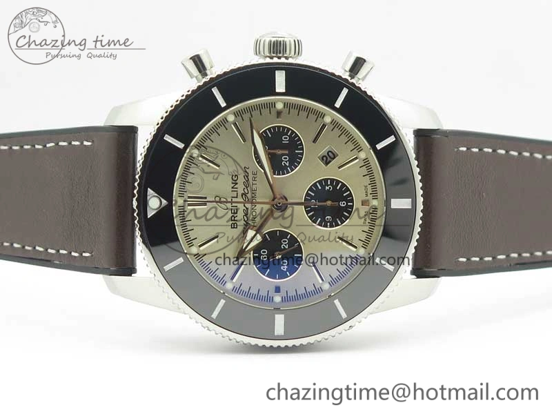 SuperOcean 44mm Black Ceramic Bezel Silver Dial on Brown Gummy Strap A7750