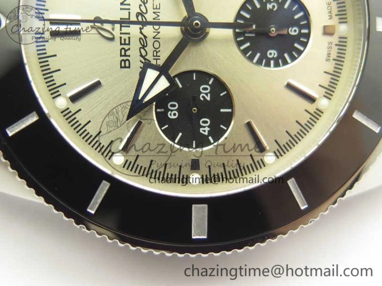 SuperOcean 44mm Black Ceramic Bezel Silver Dial on Brown Gummy Strap A7750