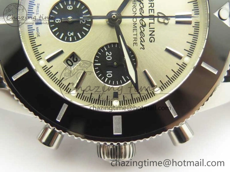 SuperOcean 44mm Black Ceramic Bezel Silver Dial on Brown Gummy Strap A7750