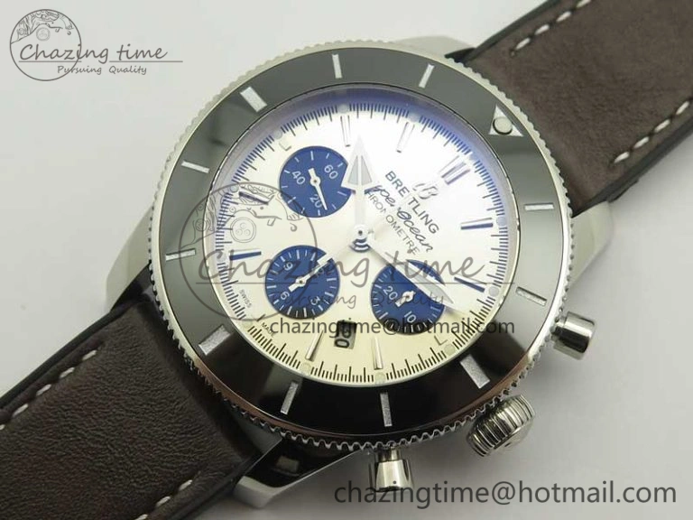 SuperOcean 44mm Black Ceramic Bezel Silver Dial on Brown Gummy Strap A7750