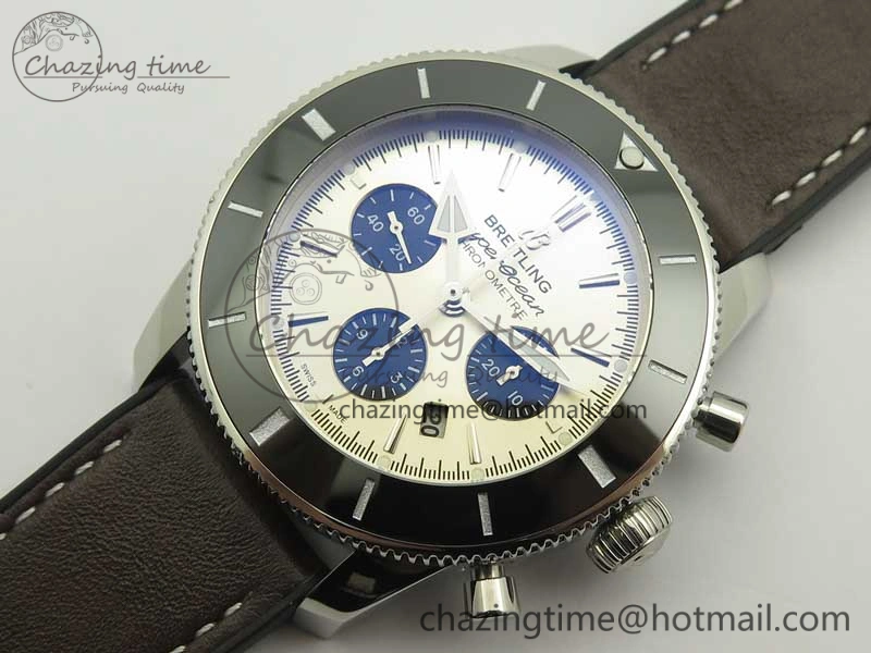 SuperOcean 44mm Black Ceramic Bezel Silver Dial on Brown Gummy Strap A7750