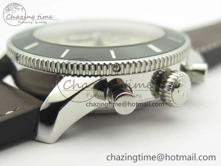 SuperOcean 44mm Black Ceramic Bezel Silver Dial on Brown Gummy Strap A7750