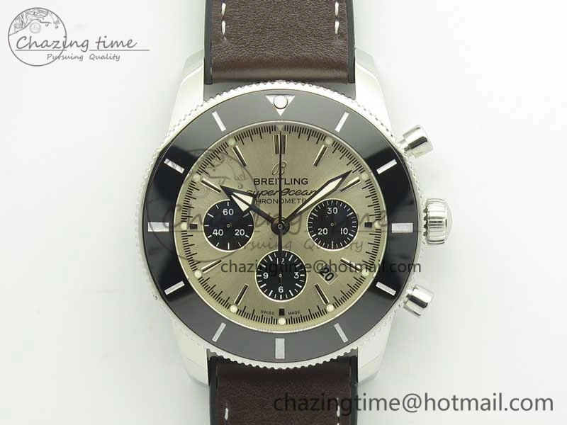 SuperOcean 44mm Black Ceramic Bezel Silver Dial on Brown Gummy Strap A7750
