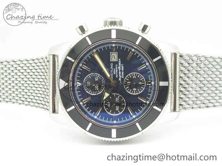 SuperOcean A13312 44mm Black Bezel Blue Dial Black Subdial on SS Bracelet A7750