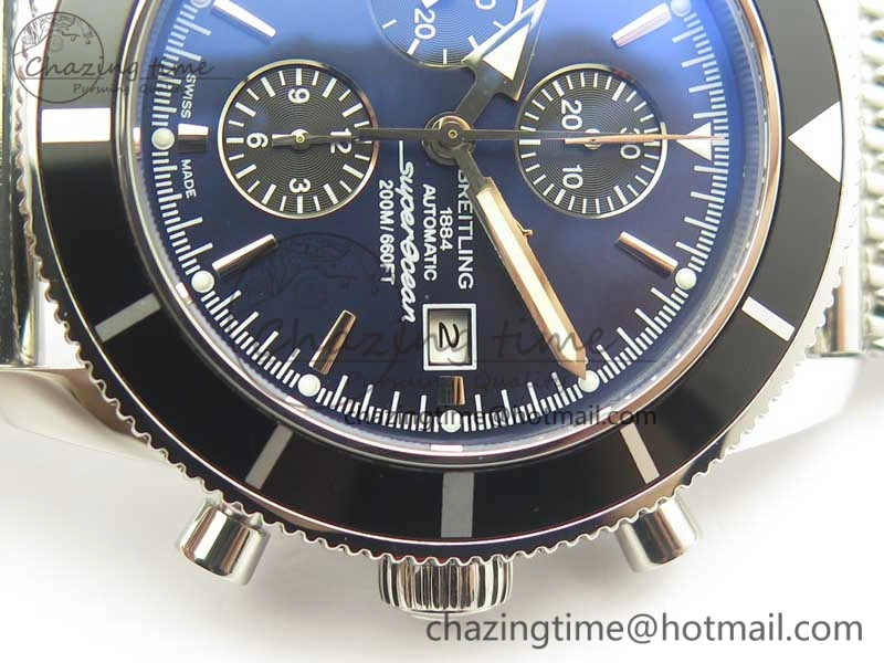 SuperOcean A13312 44mm Black Bezel Blue Dial Black Subdial on SS Bracelet A7750