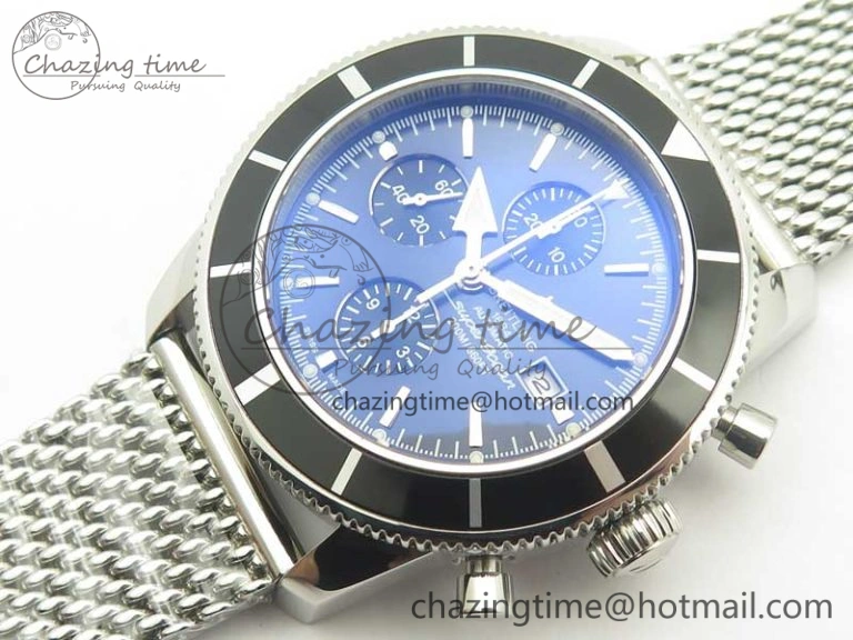 SuperOcean A13312 44mm Black Bezel Blue Dial Black Subdial on SS Bracelet A7750