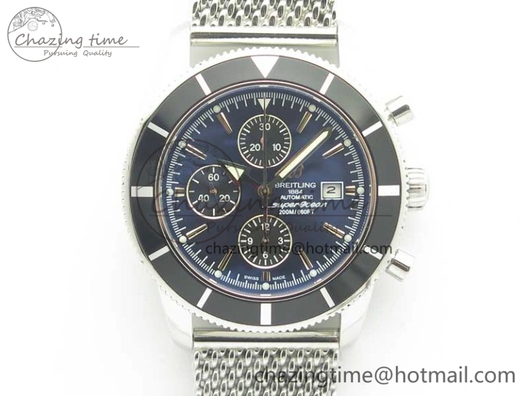 SuperOcean A13312 44mm Black Bezel Blue Dial Black Subdial on SS Bracelet A7750