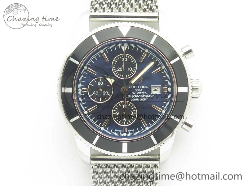 SuperOcean A13312 44mm Black Bezel Blue Dial Black Subdial on SS Bracelet A7750