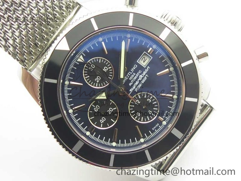 SuperOcean A13312 44mm Black Bezel Blue Dial Black Subdial on SS Bracelet A7750