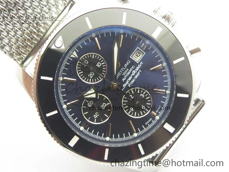 SuperOcean A13312 44mm Black Ceramic Bezel Blue Dial Black Subdial on SS Bracelet A7750