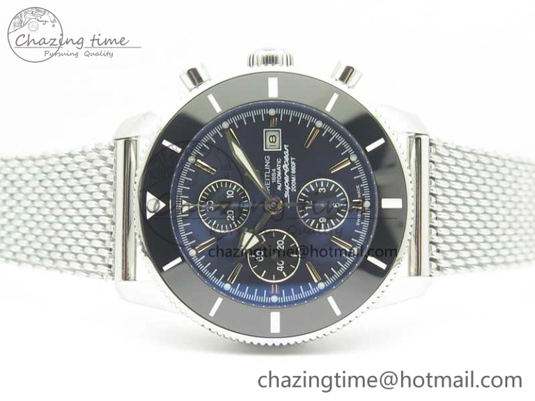 SuperOcean A13312 44mm Black Ceramic Bezel Blue Dial Black Subdial on SS Bracelet A7750