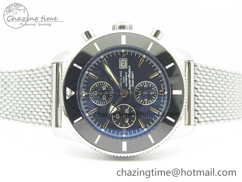 SuperOcean A13312 44mm Black Ceramic Bezel Blue Dial Black Subdial on SS Bracelet A7750