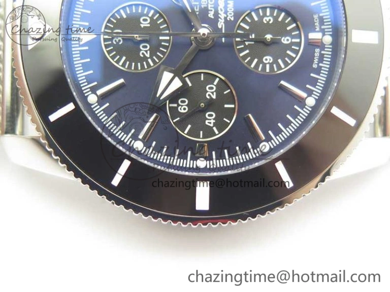SuperOcean A13312 44mm Black Ceramic Bezel Blue Dial Black Subdial on SS Bracelet A7750