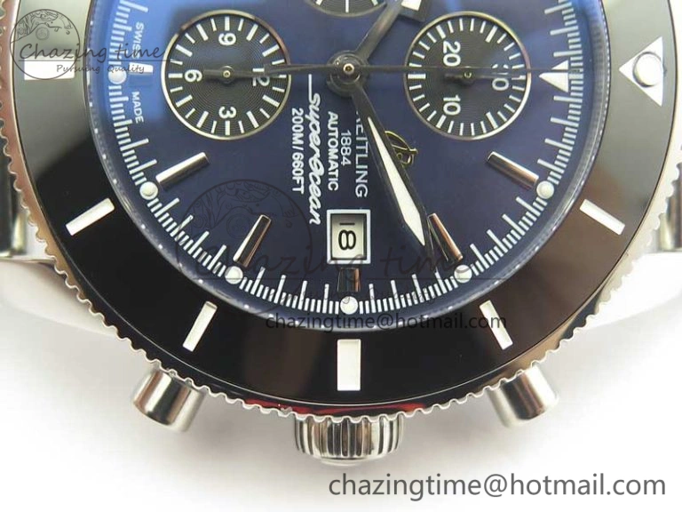 SuperOcean A13312 44mm Black Ceramic Bezel Blue Dial Black Subdial on SS Bracelet A7750