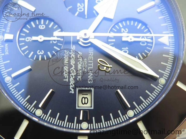 SuperOcean A13312 44mm Black Ceramic Bezel Blue Dial Black Subdial on SS Bracelet A7750