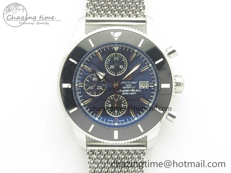 SuperOcean A13312 44mm Black Ceramic Bezel Blue Dial Black Subdial on SS Bracelet A7750