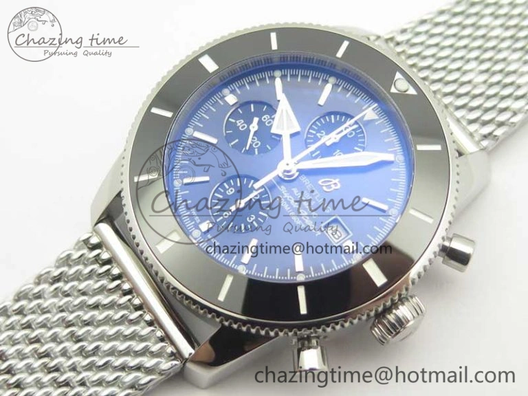 SuperOcean A13312 44mm Black Ceramic Bezel Blue Dial Black Subdial on SS Bracelet A7750