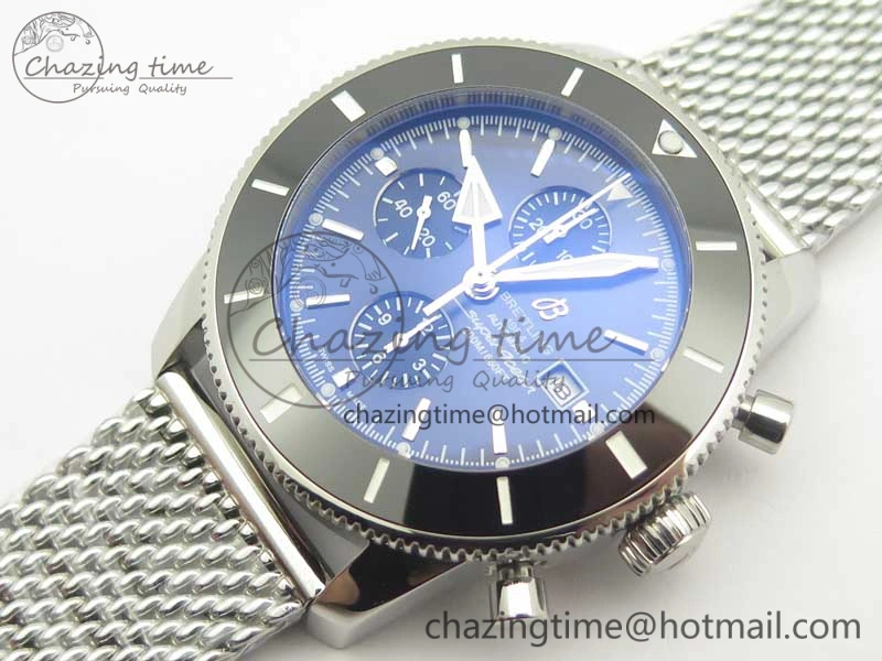 SuperOcean A13312 44mm Black Ceramic Bezel Blue Dial Black Subdial on SS Bracelet A7750
